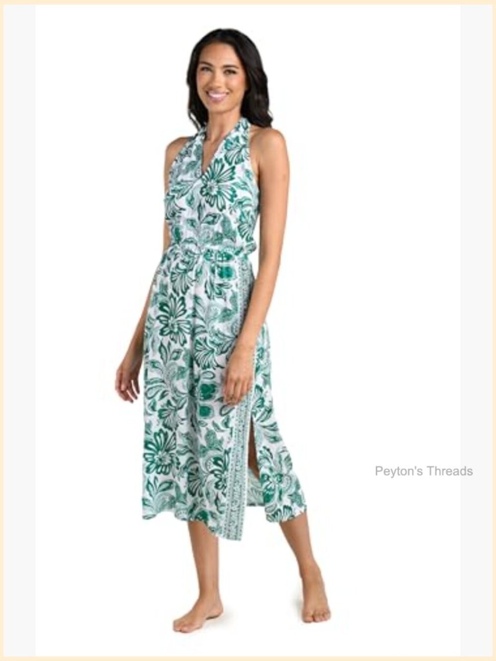 Midi Dress Swimsuit Cover Up Halter Neck Smocked Back - Picture 4 of 5